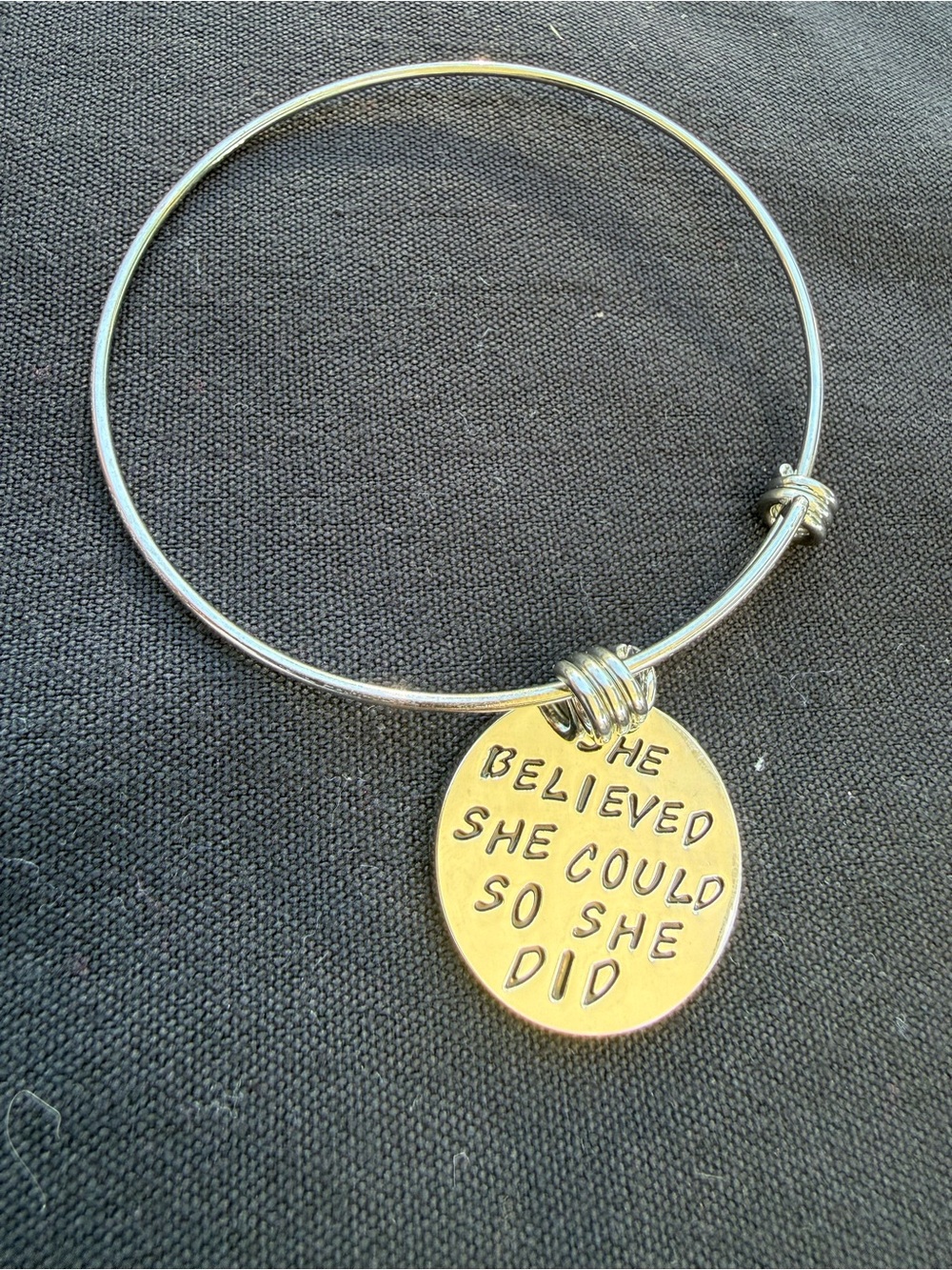Two-Tone Inspirational Bangle Bracelet with Gold Disc Charm